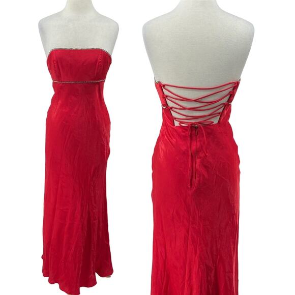 Vintage 90s Maxi Gown Strapless Corset Lace Up Open Back Iridescent Red Womens S - Picture 1 of 14